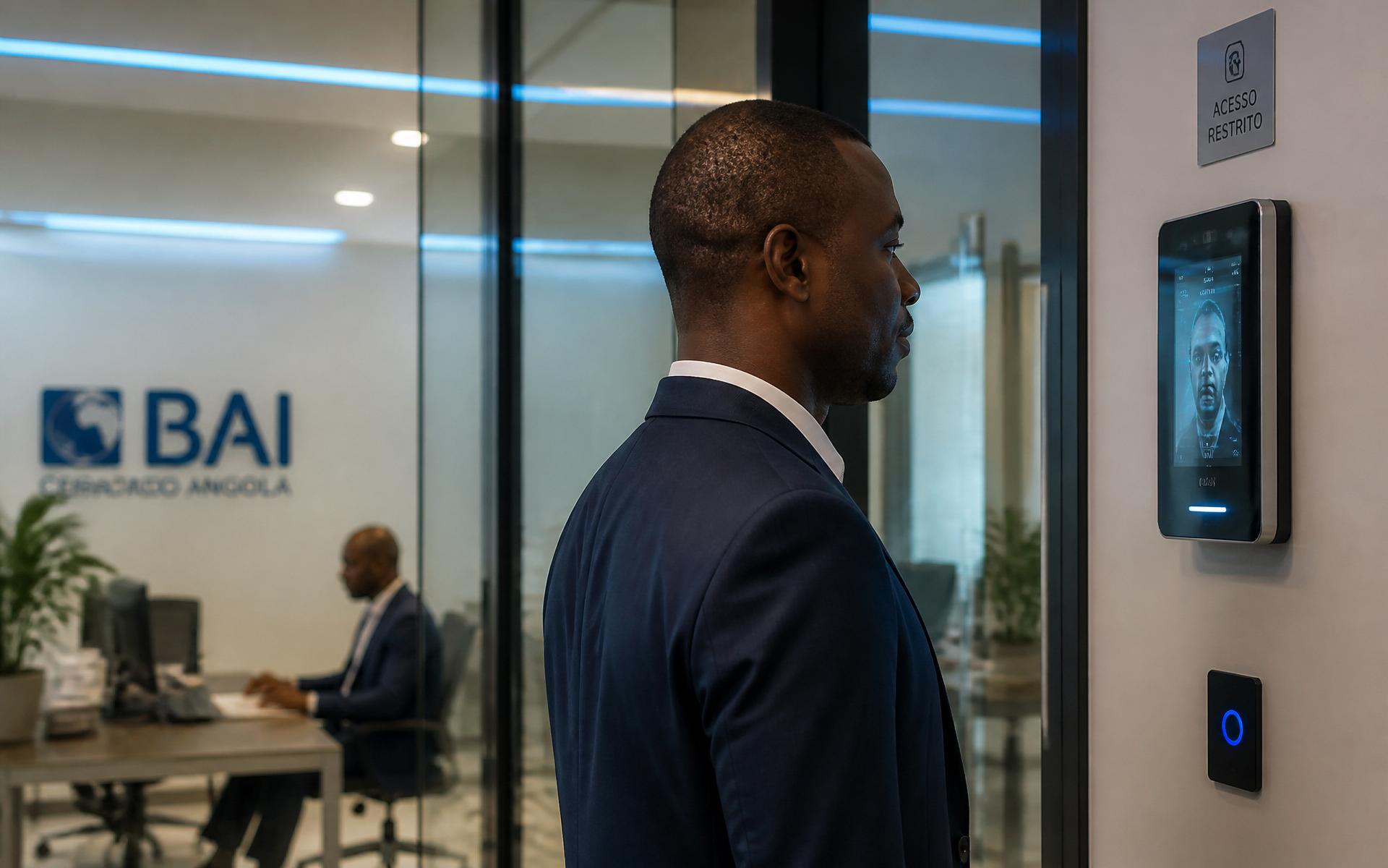 Colaborador utilizando terminal de reconhecimento facial em escritório moderno em Angola